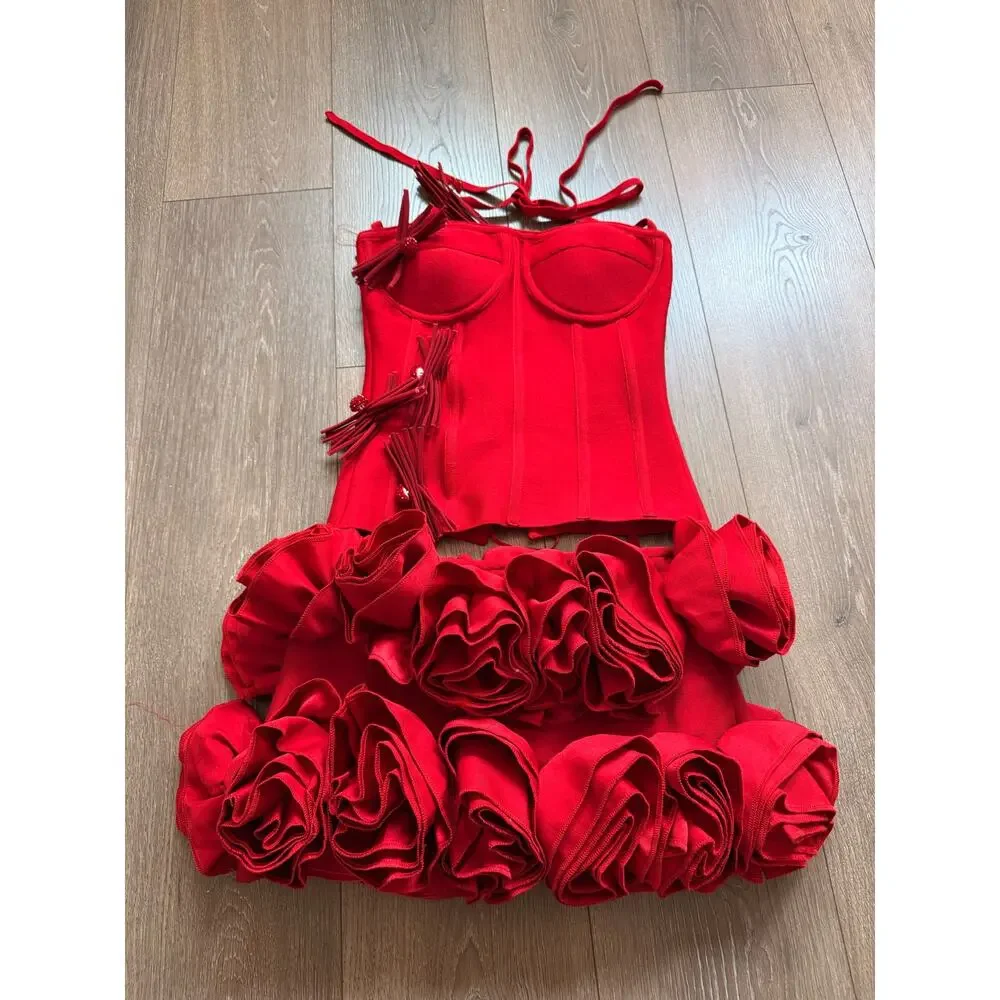 Ethan Design Halter Rose Floral Corset 2-Pieces‎ Dress in Red Small